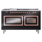 ILVE UN60FSNMPBKP Nostalgie II Noblesse 60 inch Dual Fuel Range (7 Sealed Burners + Griddle + French Top, Natural Gas, Triple Glass Door, Glossy Black, Copper)