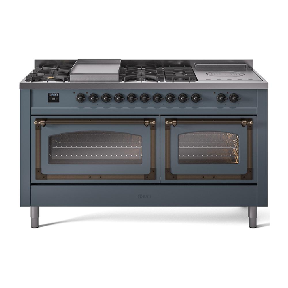 ILVE UN60FSNMPBGBLP Nostalgie II Noblesse 60 inch Dual Fuel Range (7 Sealed Burners + Griddle + French Top, Liquid Propane, Triple Glass Door, Blue Grey, Burnished)