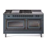 ILVE UN60FSNMPBGBLP Nostalgie II Noblesse 60 inch Dual Fuel Range (7 Sealed Burners + Griddle + French Top, Liquid Propane, Triple Glass Door, Blue Grey, Burnished)