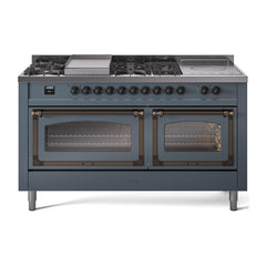 ILVE UN60FSNMPBGBLP Nostalgie II Noblesse 60 inch Dual Fuel Range (7 Sealed Burners + Griddle + French Top, Liquid Propane, Triple Glass Door, Blue Grey, Burnished)