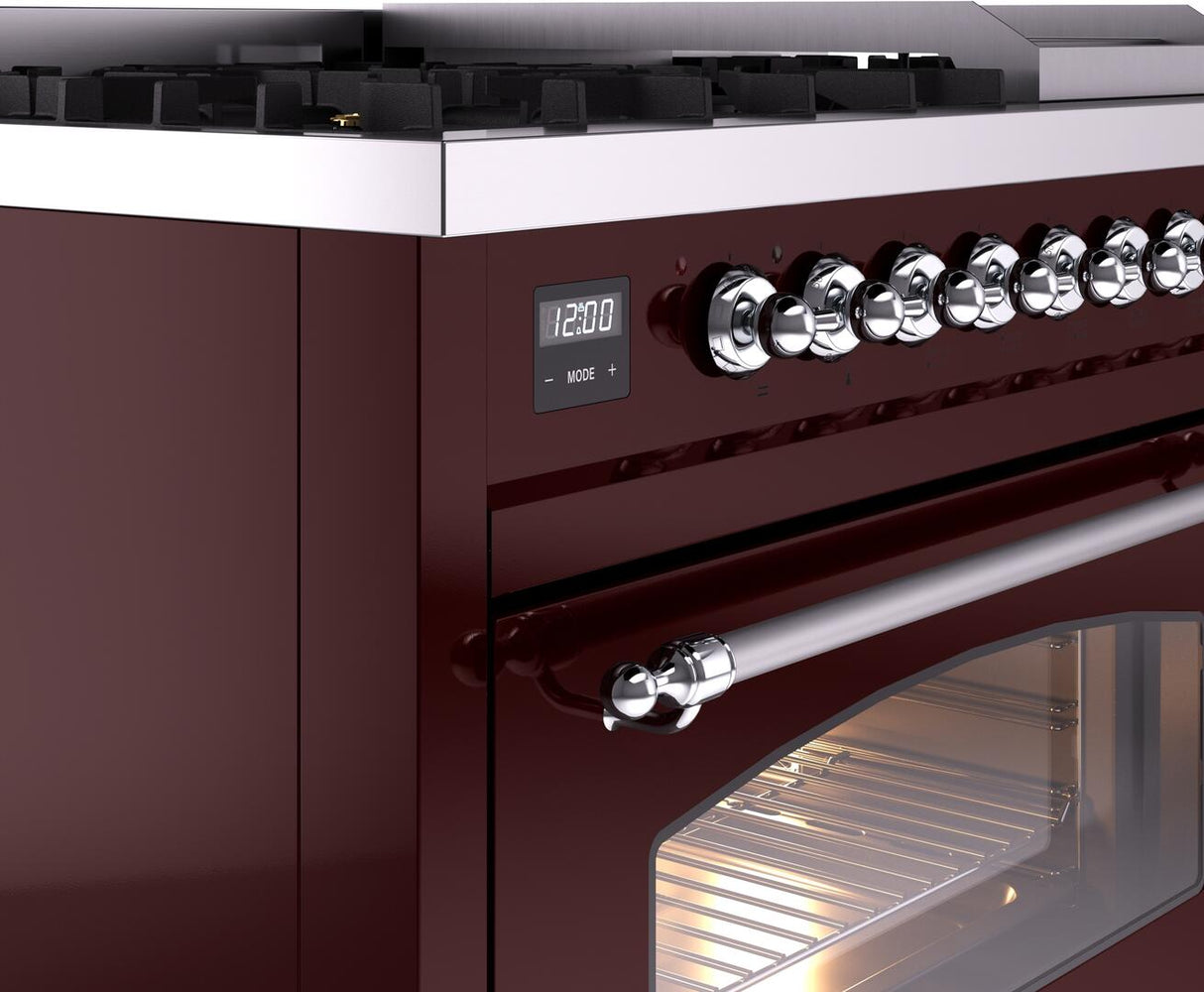 Nostalgie II 48 Inch Dual Fuel Natural Gas Freestanding Range in Burgundy with Chrome Trim