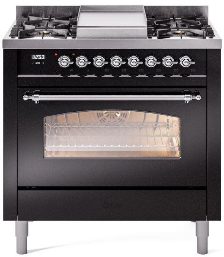 Nostalgie II 36 Inch Dual Fuel Natural Gas Freestanding Range in Glossy Black with Chrome Trim
