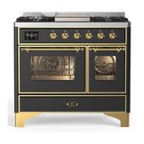 ILVE UMD40FNR3MGGLP Majestic III 40 inch Dual Fuel Range with 6 Burners and Griddle, Dual Function Burner up to 25,000 BTU (Liquid Propane, Triple Glass Door, Graphite Matte, Brass)