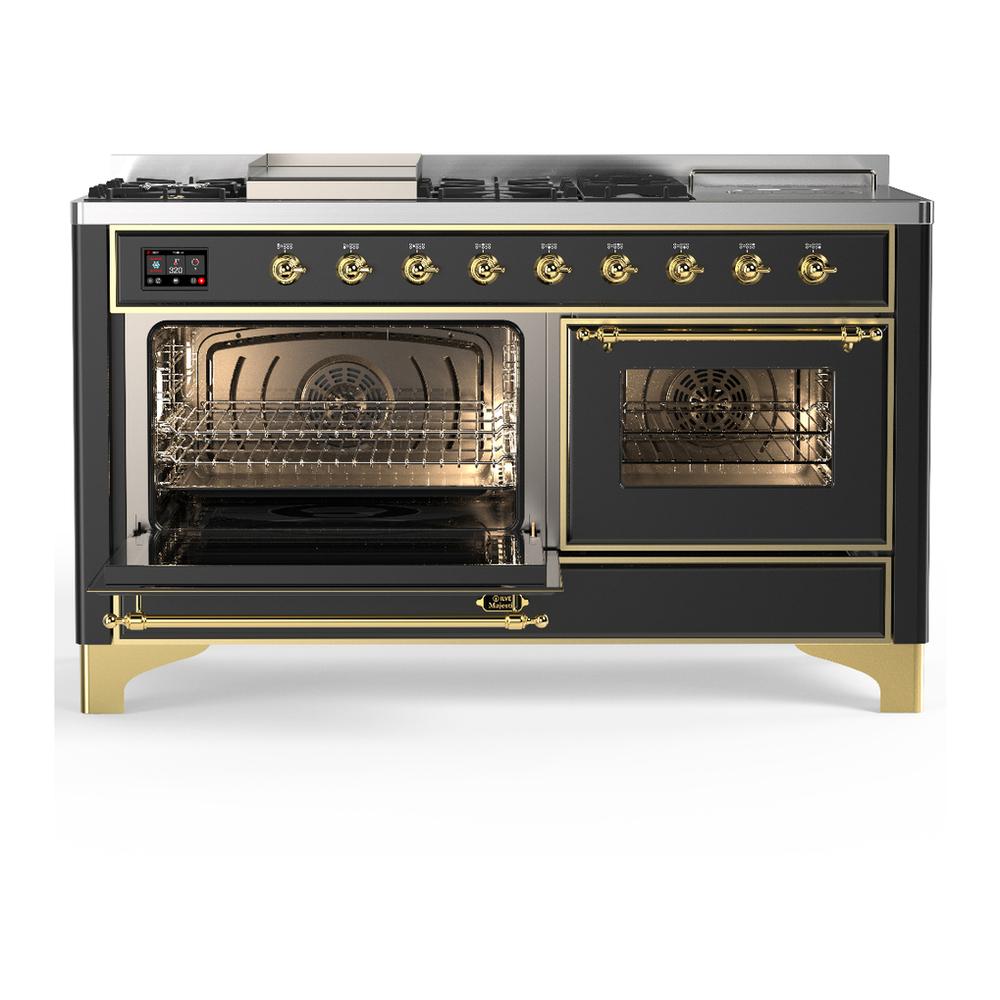 ILVE UM60FSNR3MGG Majestic III 60 inch Dual Fuel Range with 7 Burners, Griddle and French Top, Dual Function Burner with up to 25,000 BTU (Natural Gas, Triple Glass Door, Graphite Matte, Brass)