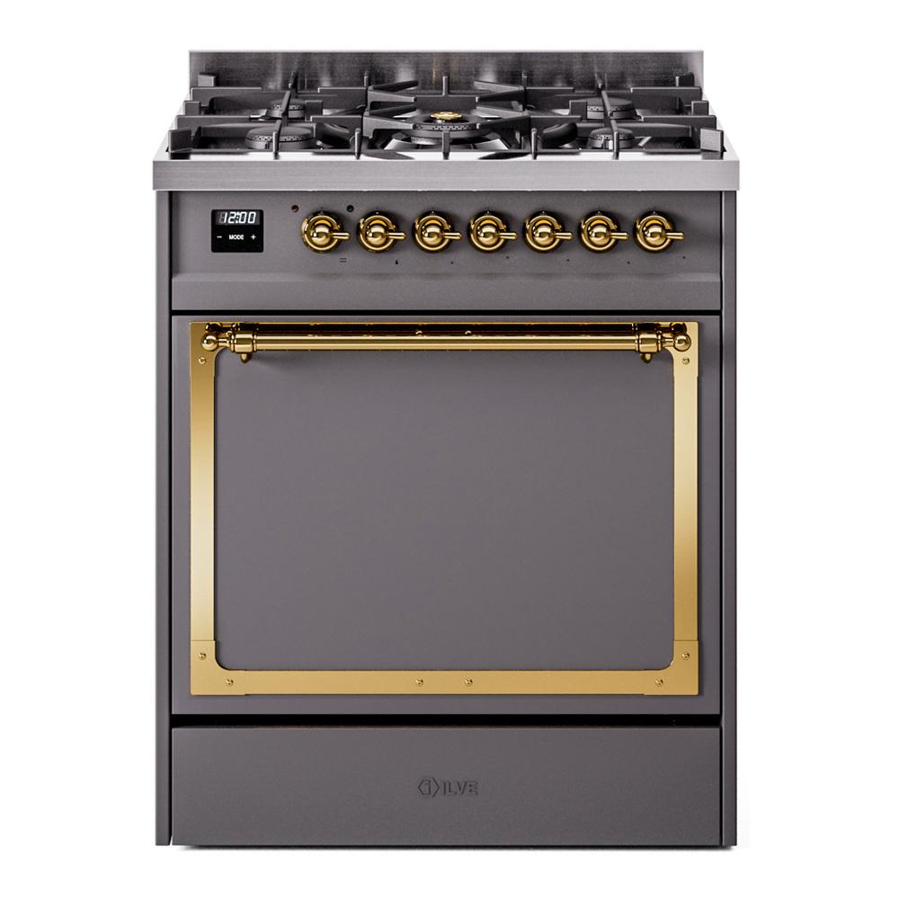 ILVE UN30QNMPMGG Nostalgie II Noblesse 30 inch Dual Fuel Range (Natural Gas, Solid Door, Graphite Matte, Brass)