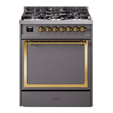 ILVE UN30QNMPMGG Nostalgie II Noblesse 30 inch Dual Fuel Range (Natural Gas, Solid Door, Graphite Matte, Brass)