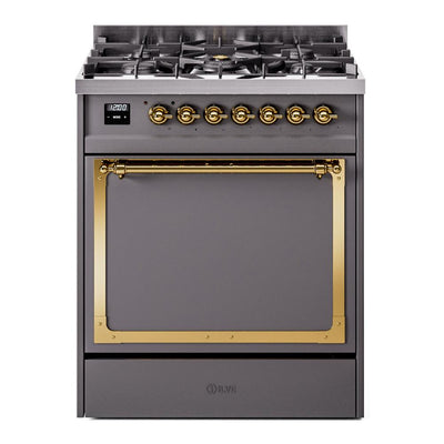ILVE UN30QNMPMGG Nostalgie II Noblesse 30 inch Dual Fuel Range (Natural Gas, Solid Door, Graphite Matte, Brass)