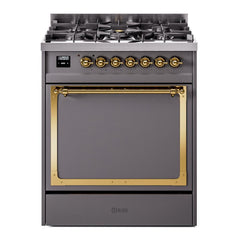 ILVE UN30QNMPMGG Nostalgie II Noblesse 30 inch Dual Fuel Range (Natural Gas, Solid Door, Graphite Matte, Brass)