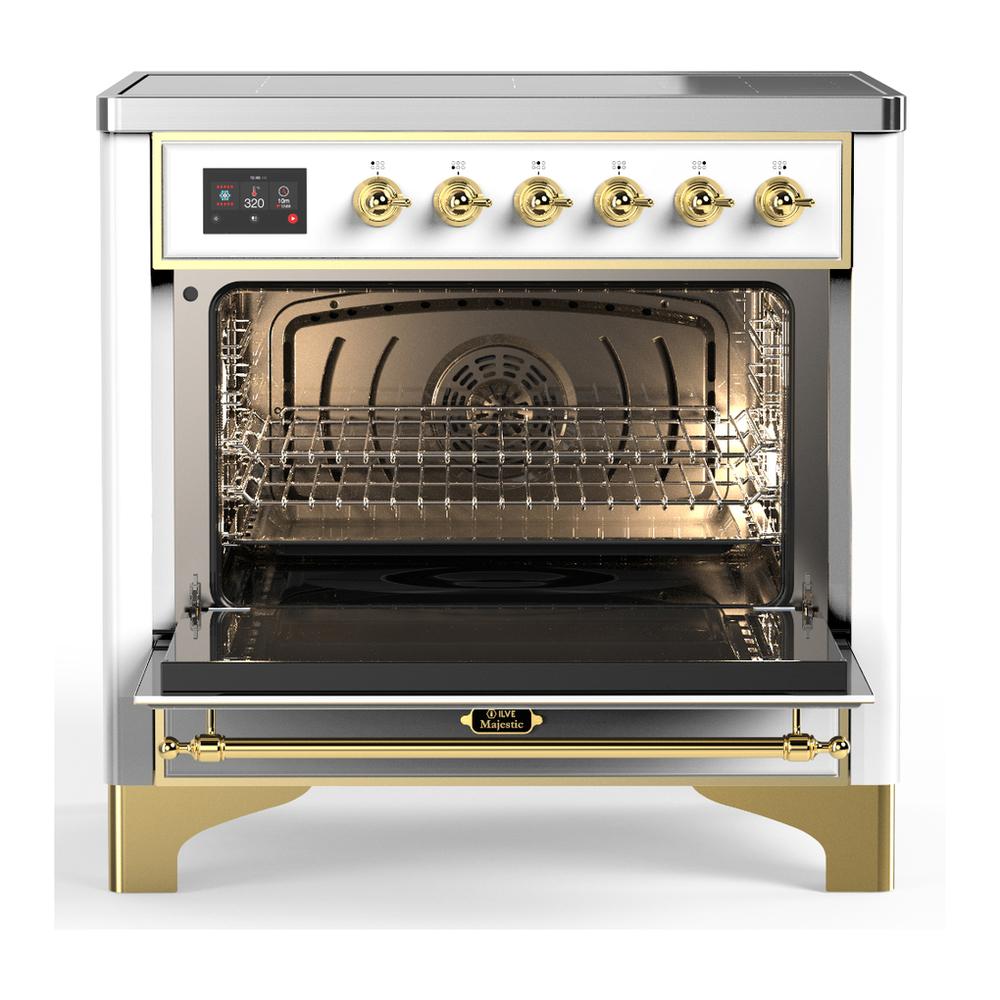 ILVE UMIB36NR3WHG Majestic III 36 inch Induction Range with 6 Elements, 3.5 cu. ft. Total Oven Capacity (Triple Glass Door, White, Brass)