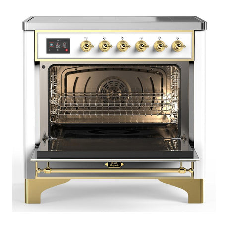 ILVE UMIB36NR3WHG Majestic III 36 inch Induction Range with 6 Elements, 3.5 cu. ft. Total Oven Capacity (Triple Glass Door, White, Brass)