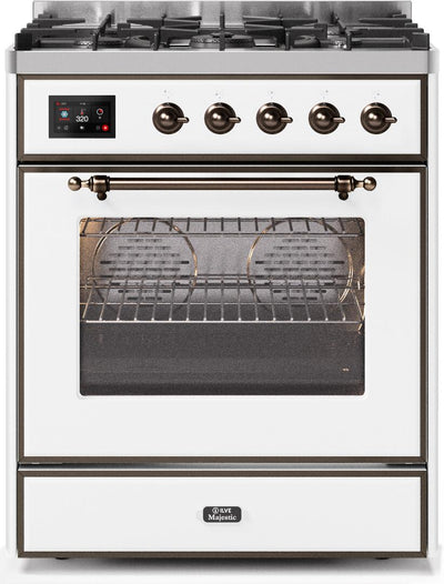 Majestic II 30 Inch Dual Fuel Liquid Propane Freestanding Range in White with Bronze Trim