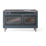 ILVE UN60FNMPBGBLP Nostalgie II Noblesse 60 inch Dual Fuel Range (9 Sealed Burners + Griddle, Liquid Propane, Triple Glass Door, Blue Grey, Burnished)