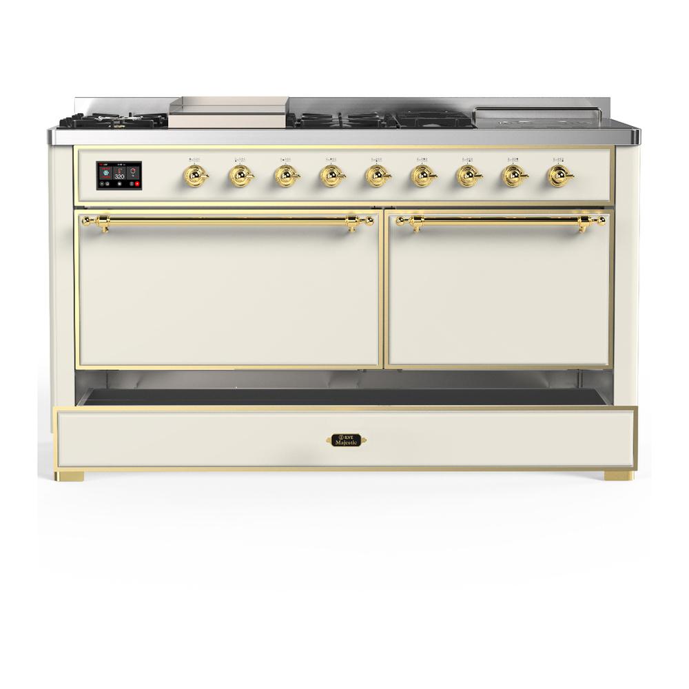 ILVE UM60FSQNR3AWGLP Majestic III 60 inch Dual Fuel Range with 7 Burners, Griddle and French Top, Dual Function Burner with up to 25,000 BTU (Liquid Propane, Solid Door, Antique White, Brass)
