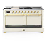 ILVE UM60FSQNR3AWGLP Majestic III 60 inch Dual Fuel Range with 7 Burners, Griddle and French Top, Dual Function Burner with up to 25,000 BTU (Liquid Propane, Solid Door, Antique White, Brass)