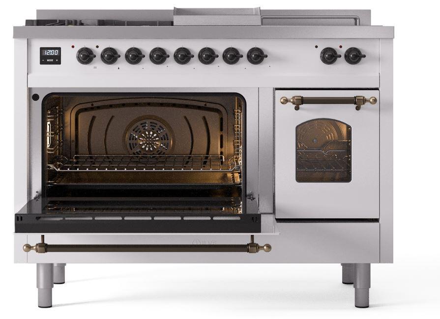 Nostalgie II 48 Inch Dual Fuel Natural Gas Freestanding Range in White with Bronze Trim