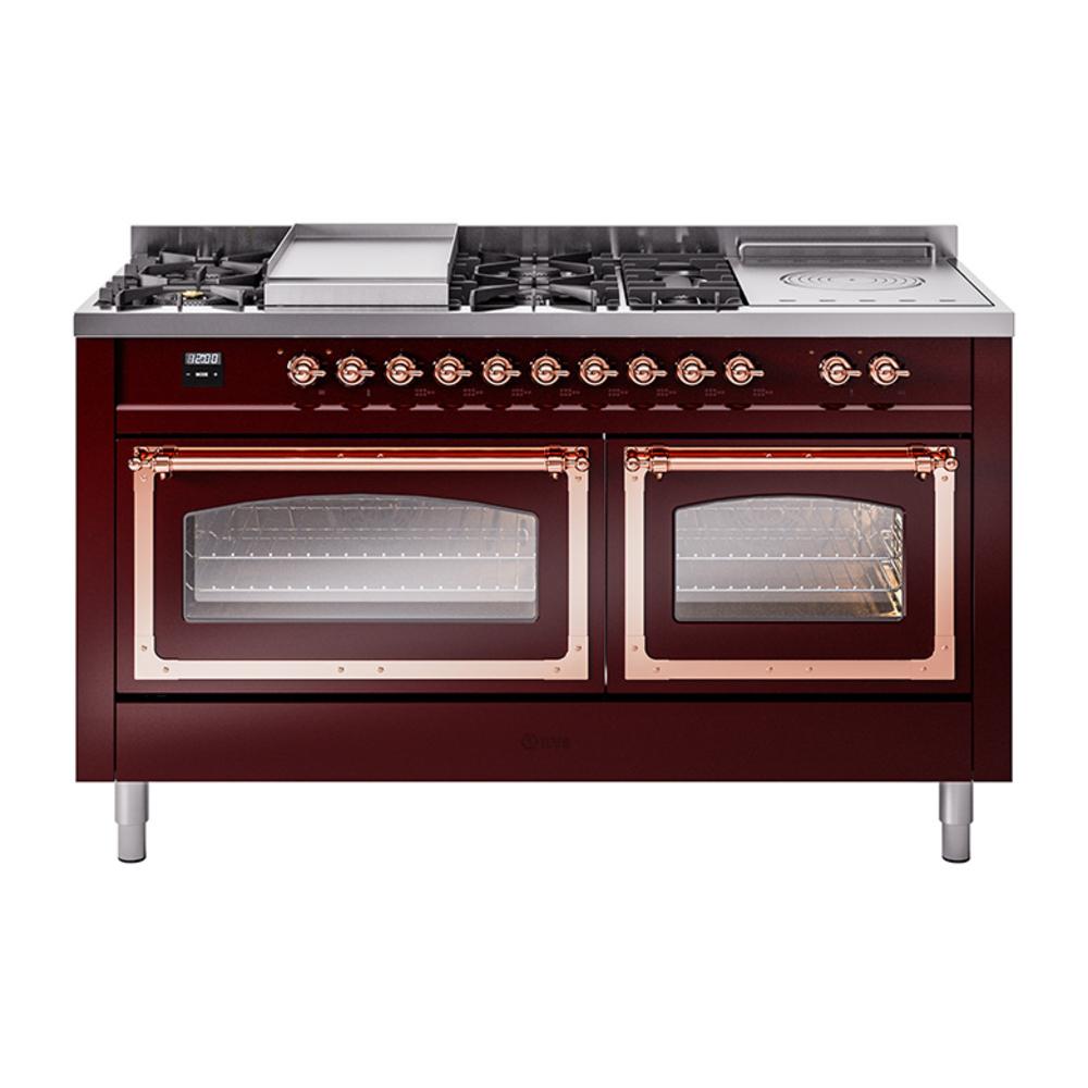 ILVE UN60FSNMPBUP Nostalgie II Noblesse 60 inch Dual Fuel Range (7 Sealed Burners + Griddle + French Top, Natural Gas, Triple Glass Door, Burgundy, Copper)