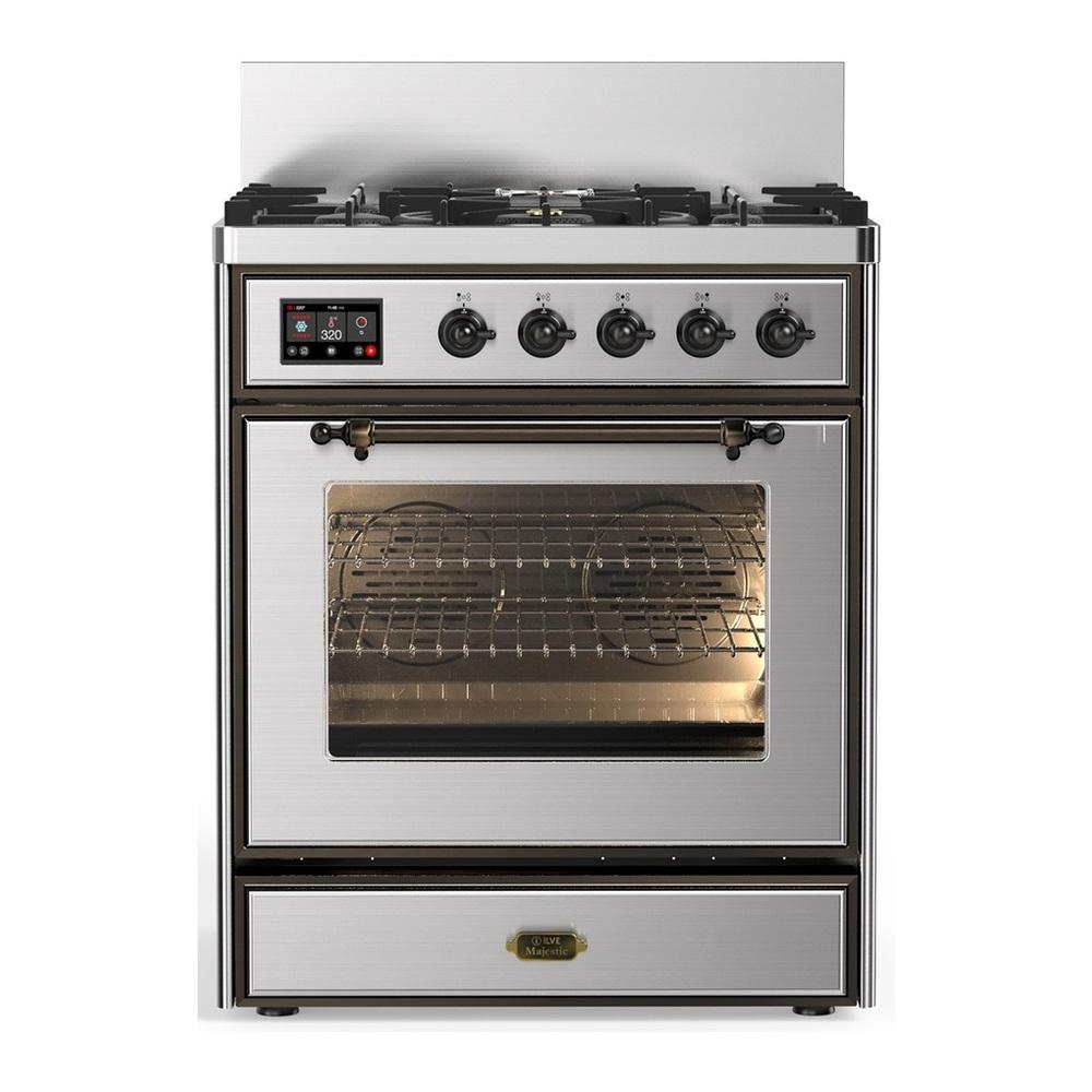 ILVE UM30NR3SSBLP Majestic III 30 inch Dual Fuel Range with 5 Black Brass Burners, Dual Function Burner up to 25,000 BTU (Liquid Propane, Triple Glass Door, Stainless Steel, Burnished)