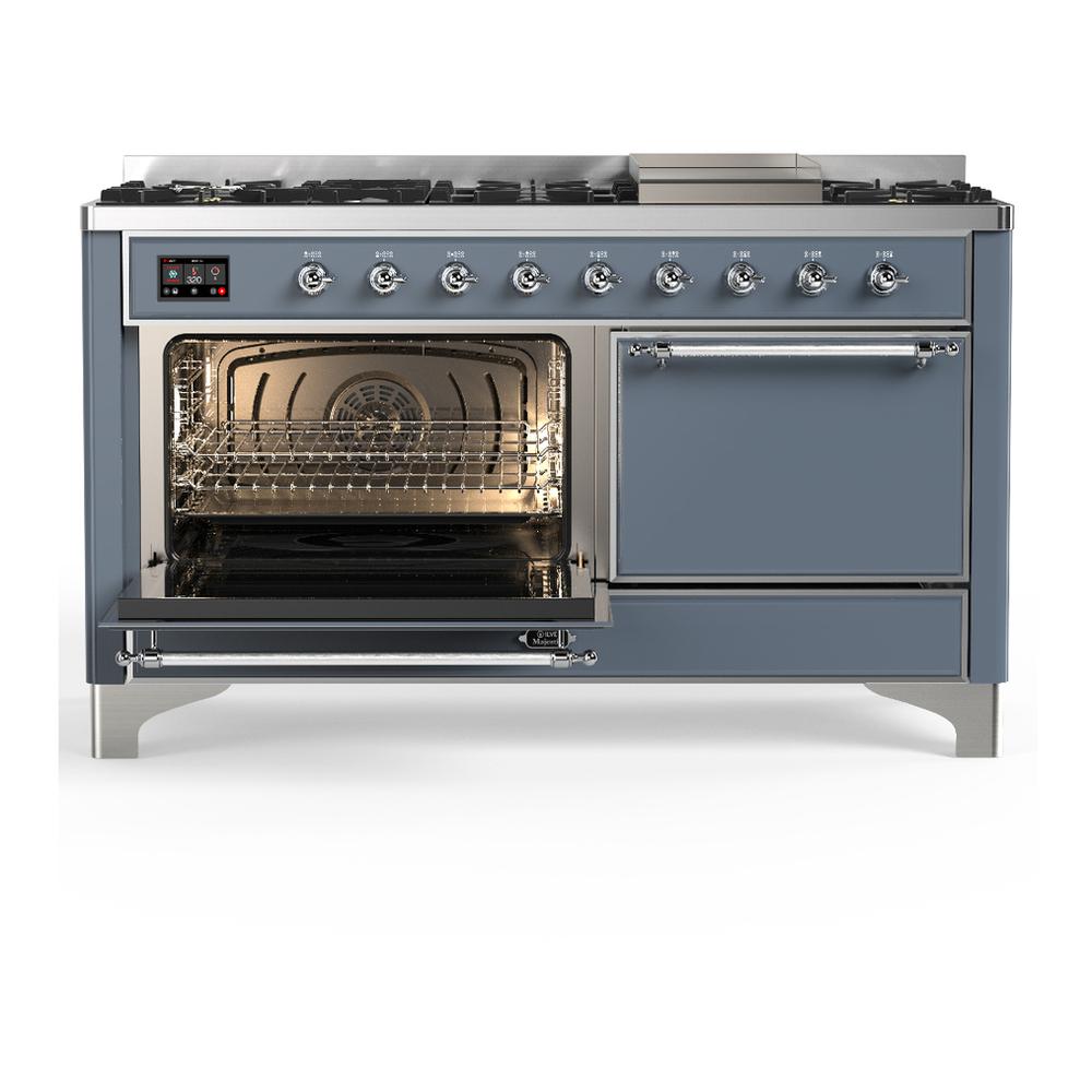 ILVE UM60FQNR3BGC Majestic III 60 inch Dual Fuel Range with 9 Burners and Griddle, Dual Function Burner up to 25,000 BTU (Natural Gas, Solid Door, Blue Grey, Chrome)