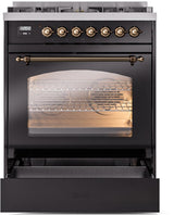 Nostalgie II 30 Inch Dual Fuel Natural Gas Freestanding Range in Glossy Black with Bronze Trim