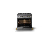 36"W. Dual Fuel Range (Burner: 6b, Finish: Stainless Steel, Trim: Brushed Brass, Fuel: Natural Gas)