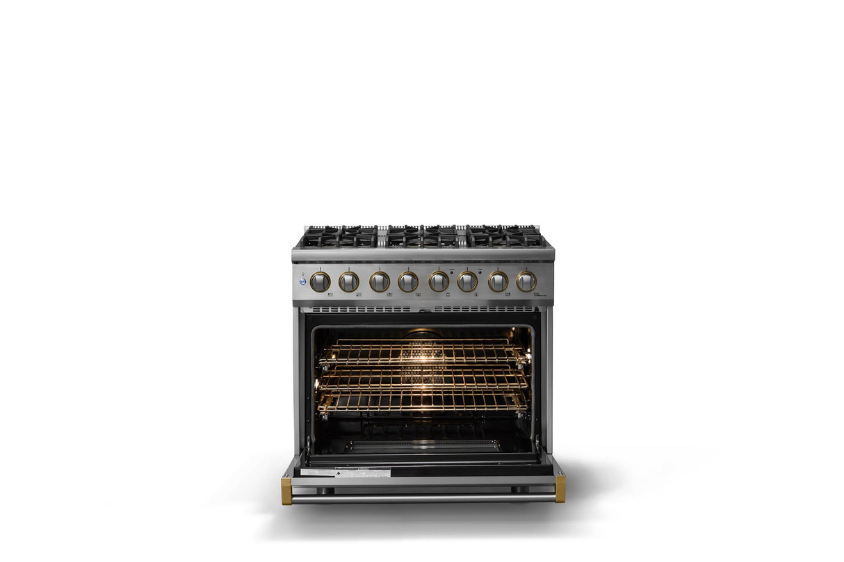 36"W. Dual Fuel Range (Burner: 6b, Finish: Stainless Steel, Trim: Polished Chrome, Fuel: Propane)