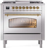 Nostalgie II 36 Inch Dual Fuel Natural Gas Freestanding Range in Stainless Steel with Brass Trim