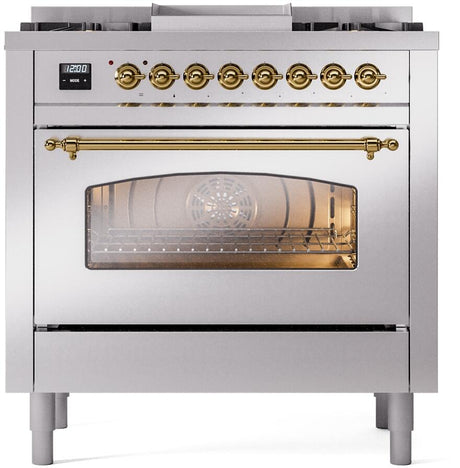 Nostalgie II 36 Inch Dual Fuel Natural Gas Freestanding Range in Stainless Steel with Brass Trim