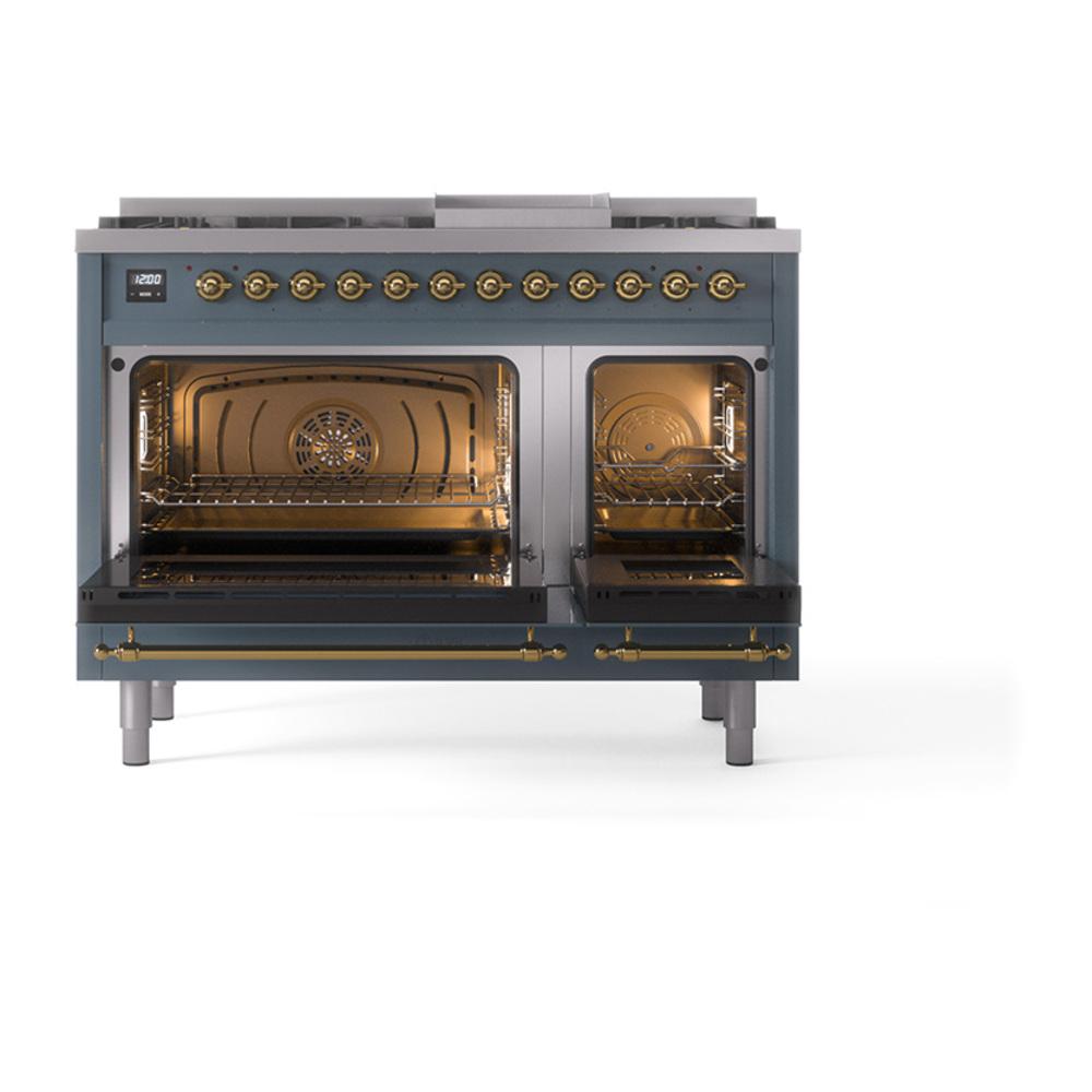 ILVE UN48FNMPBGG Nostalgie II Noblesse 48 inch Dual Fuel Range (8 Sealed Burners + Griddle, Natural Gas, Triple Glass Door, Blue Grey, Brass)