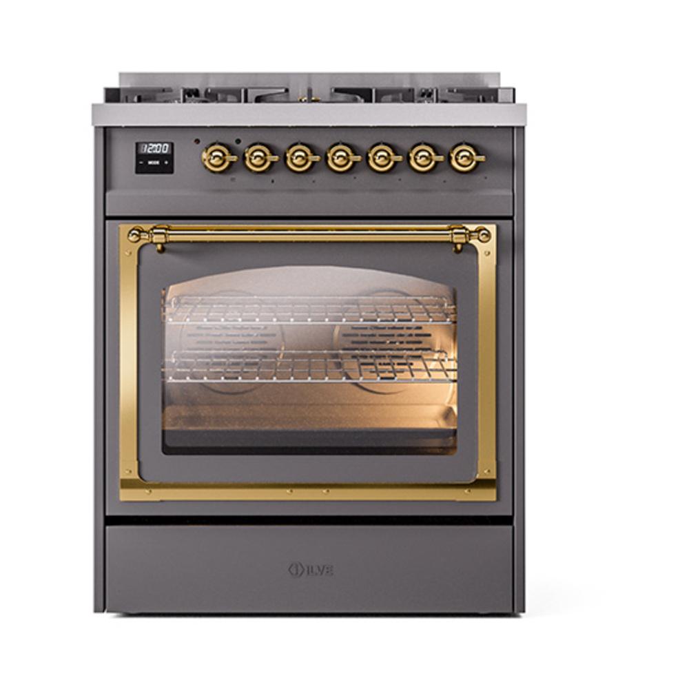 ILVE UN30NMPMGGLP Nostalgie II Noblesse 30 inch Dual Fuel Range (Liquid Propane, Triple Glass Door, Graphite Matte, Brass)
