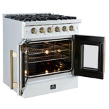 Forno Galiano 30-inch French Door Gas RangenWhite with Antique Brass Design, 5 Burners,n68,000 BTU, 4.32 cu.ft. Convection Oven