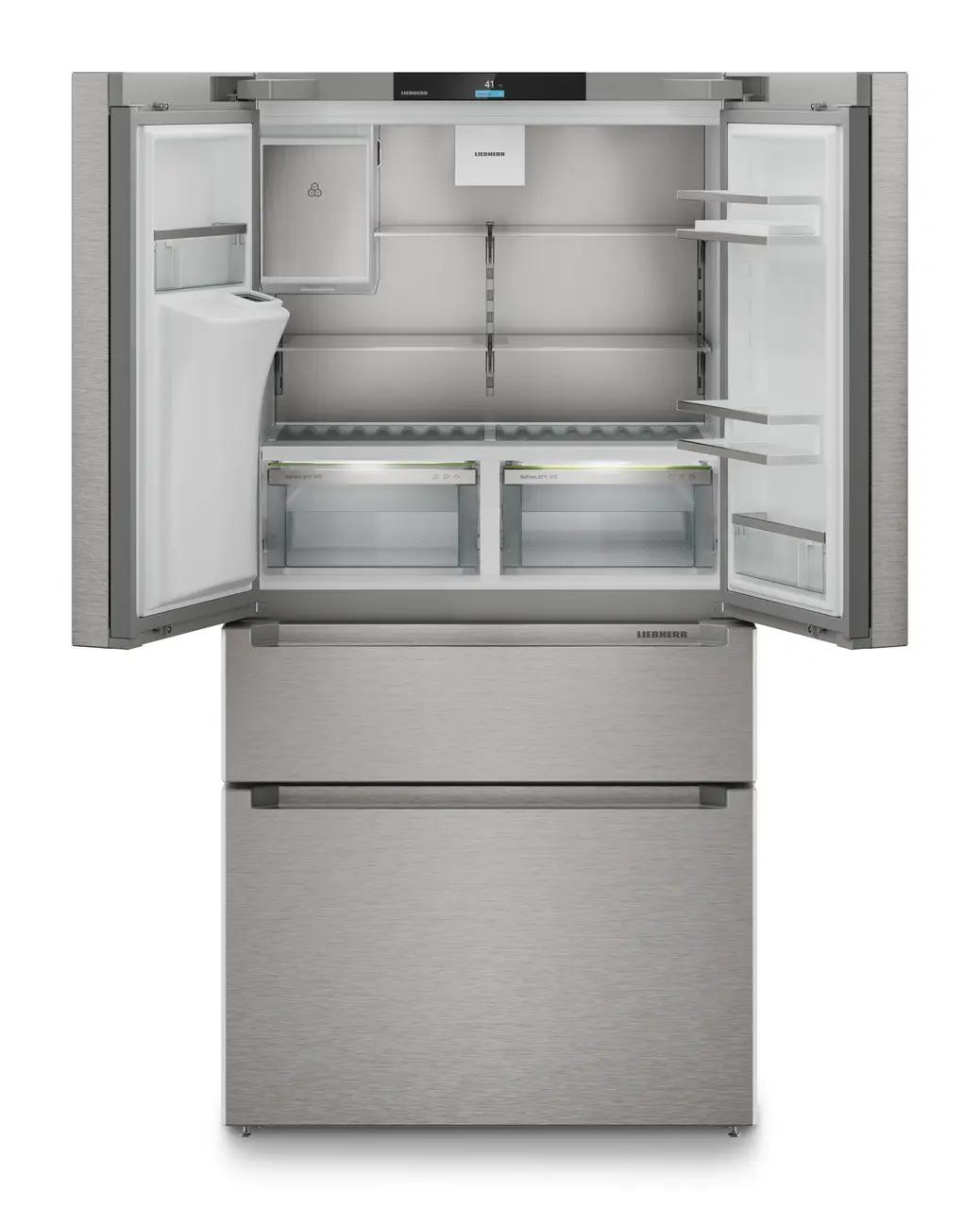 French door fridge-freezer with 2 freezer drawers and water and ice cube dispenser