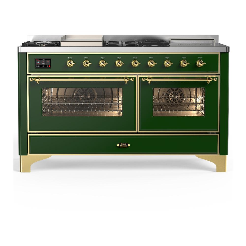 ILVE UM60FSNR3EGGLP Majestic III 60 inch Dual Fuel Range with 7 Burners, Griddle and French Top, Dual Function Burner with up to 25,000 BTU (Liquid Propane, Triple Glass Door, Emerald Green, Brass)