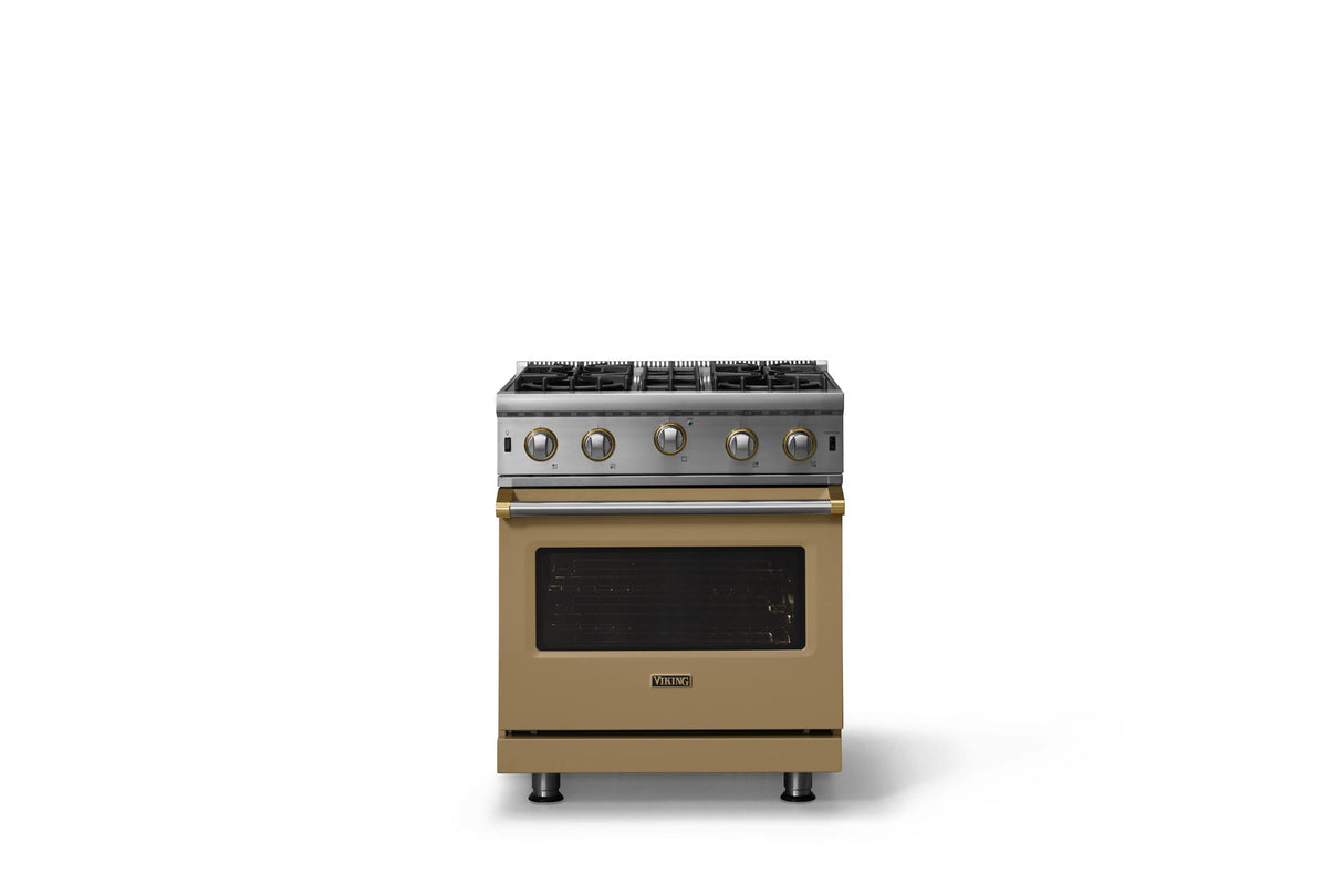 30"W. Open Burner Gas Range (Finish: Golden Hour, Trim: Brushed Brass, Fuel: Propane)