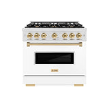 ZLINE Autograph Edition 36 in. 5.2 cu. ft. Classic Dual Fuel Range with 6 Burner Gas Cooktop and Electric Convection Oven in DuraSnow' Stainless Steel with White Matte Door and Polished Gold Accents (CDRSZ-WM-36-G)