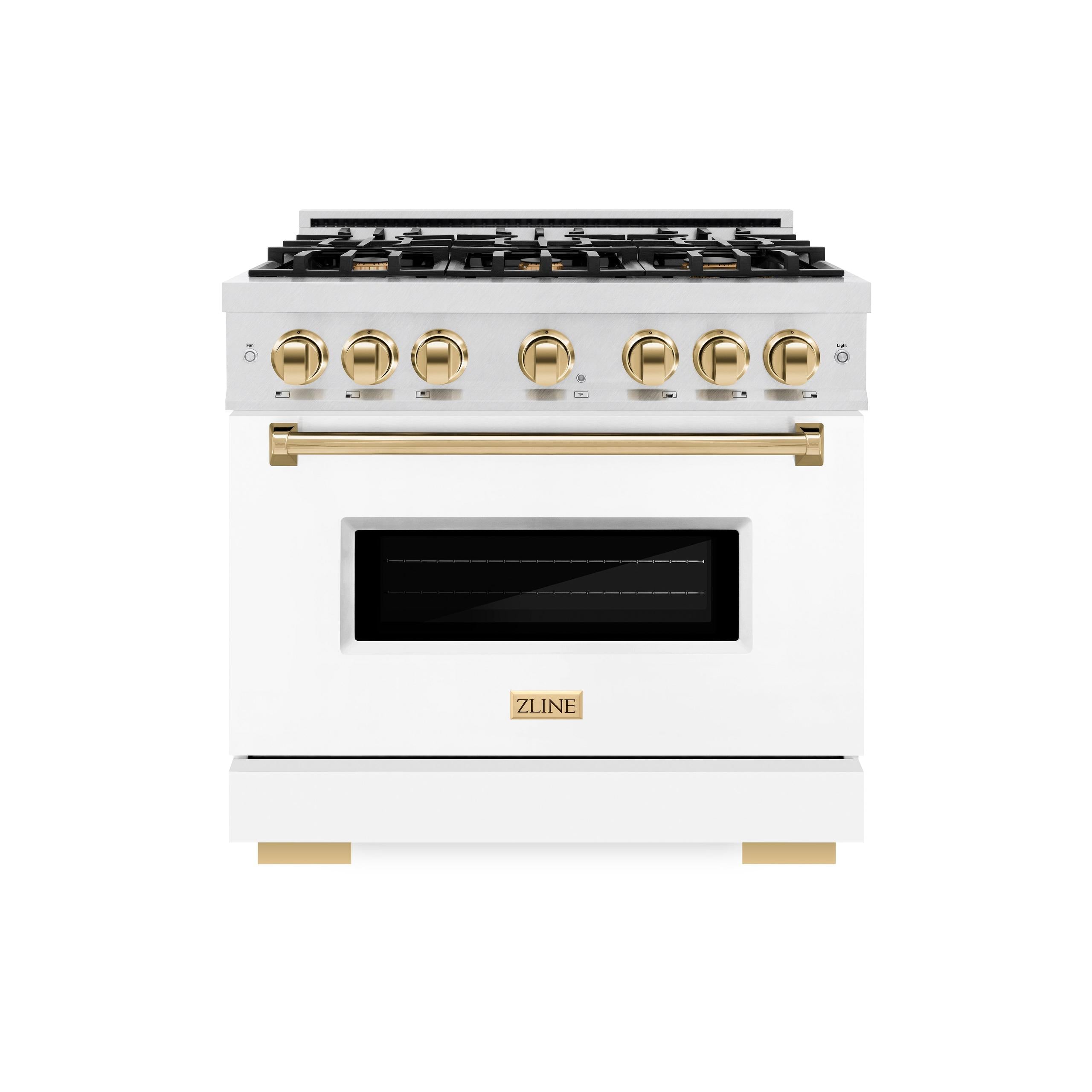 ZLINE Autograph Edition 36 in. 5.2 cu. ft. Classic Dual Fuel Range with 6 Burner Gas Cooktop and Electric Convection Oven in DuraSnow' Stainless Steel with White Matte Door and Polished Gold Accents (CDRSZ-WM-36-G)