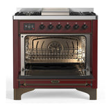 ILVE UM36FNR3BUBLP Majestic III 36 inch Dual Fuel Range with 6 Black Brass Burners and Griddle, Dual Function Burner up to 25,000 BTU (Triple Glass Door, Burgundy, Burnished, Liquid Propane)