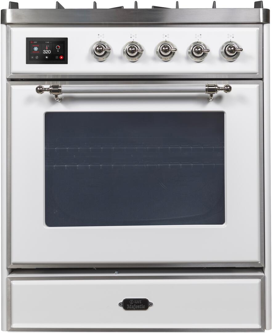Majestic II 30 Inch Dual Fuel Natural Gas Freestanding Range in White with Chrome Trim