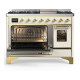 ILVE UM48FNR3AWGLP Majestic III 48 inch Dual Fuel Range with 8 Burners and Griddle, Dual Function Burner up to 25,000 BTU (Liquid Propane, Triple Glass Door, Antique White, Brass)