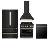 ZLINE 30" Autograph Edition Kitchen Package with Black Stainless Steel Dual Fuel Range, Range Hood, Dishwasher and Refrigeration with Polished Gold Accents (4AKPR-RABRHDWV30-G)