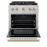 ZLINE Autograph Edition 30 in. 4.2 cu. ft. Paramount Dual Fuel Range with 4 Burner Gas Cooktop and Electric Convection Oven in DuraSnow' Stainless Steel with White Matte Door and Champagne Bronze Accents (SDRSZ-WM-30-CB)