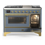 ILVE UM48FNR3BGGLP Majestic III 48 inch Dual Fuel Range with 8 Burners and Griddle, Dual Function Burner up to 25,000 BTU (Liquid Propane, Triple Glass Door, Blue Grey, Brass)