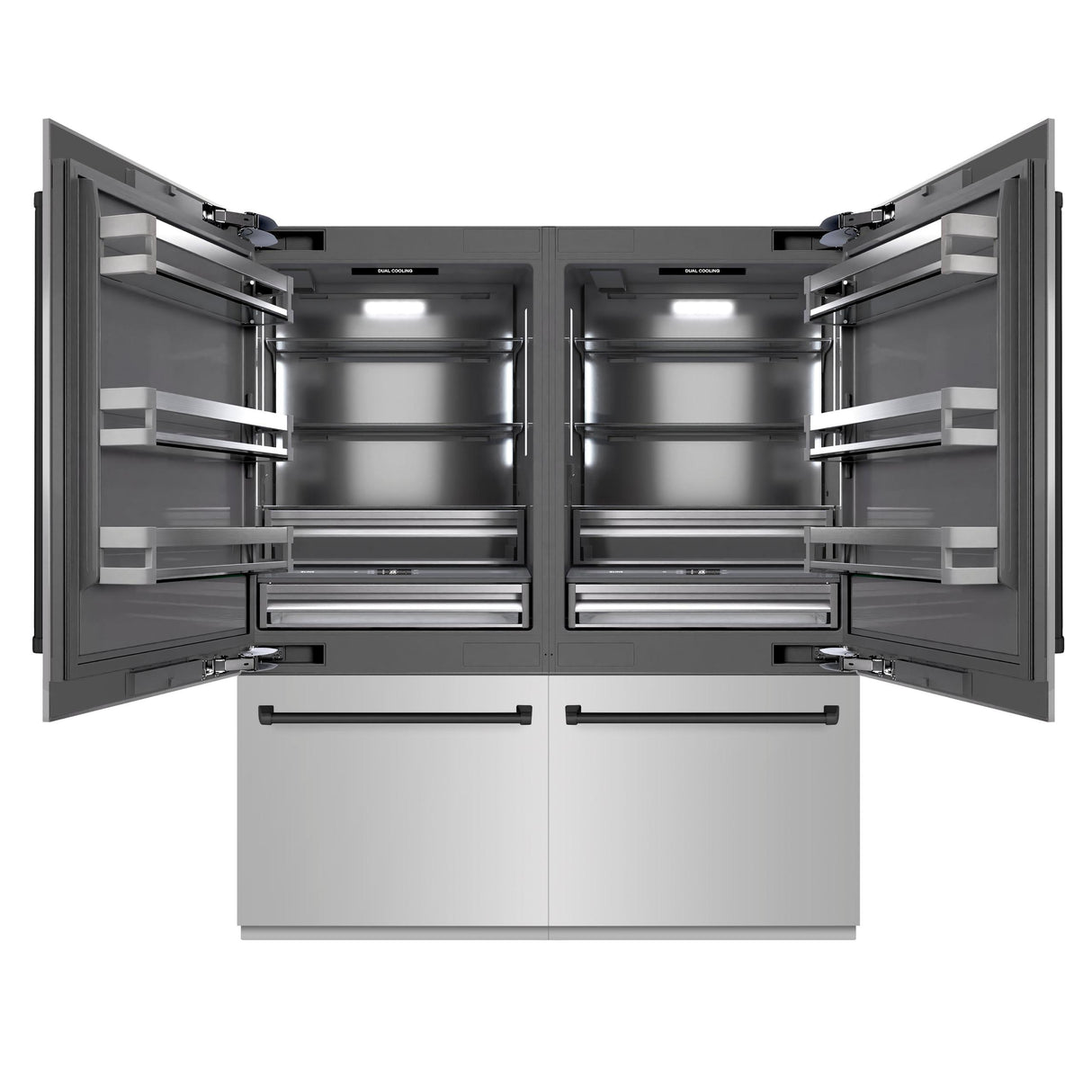 ZLINE Autograph Edition 72 in. 39.6 cu. ft. French Door Built-In Bottom Freezer Refrigerator with Water Dispensers and Ice Makers in Stainless Steel with Graphite Gray Interior and Matte Black Accents (GRBITZ-304-72MB)