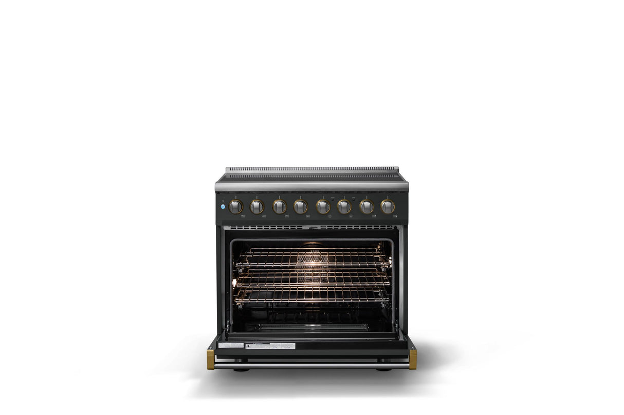 36"W. Induction Range (Finish: Antique Bronze, Trim: Brushed Brass)