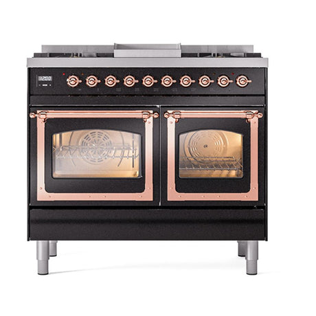 ILVE UND40FNMPBKPLP Nostalgie II Noblesse 40 inch Dual Fuel Range (Liquid Propane, Triple Glass Door, Glossy Black, Copper)