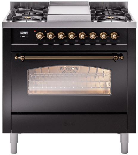 Nostalgie II 36 Inch Dual Fuel Natural Gas Freestanding Range in Glossy Black with Bronze Trim