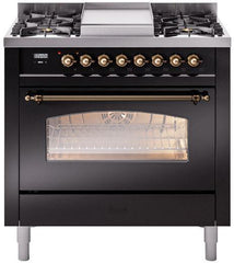 Nostalgie II 36 Inch Dual Fuel Natural Gas Freestanding Range in Glossy Black with Bronze Trim