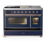 ILVE UM48FSNR3MBP Majestic III 48 inch Dual Fuel Range with 5 Black Brass Burners, Griddle and French Top, Dual Function Burner up to 25,000 BTU (Natural Gas, Triple Glass Door, Midnight Blue, Copper)