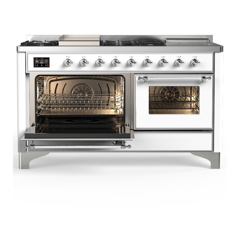 ILVE UM60FSNR3WHC Majestic III 60 inch Dual Fuel Range with 7 Burners, Griddle and French Top, Dual Function Burner with up to 25,000 BTU (Natural Gas, Triple Glass Door, White, Chrome)