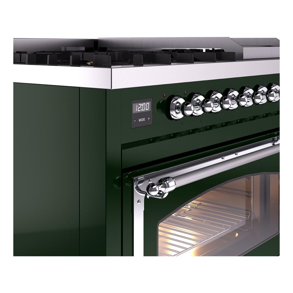 ILVE UN48FNMPEGC Nostalgie II Noblesse 48 inch Dual Fuel Range (8 Sealed Burners + Griddle, Natural Gas, Triple Glass Door, Emerald Green, Chrome)