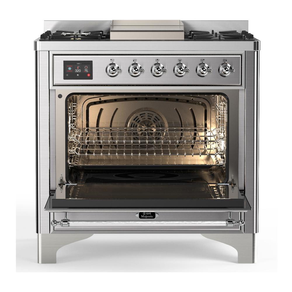 ILVE UM36FNR3SSC Majestic III 36 inch Dual Fuel Range with 6 Black Brass Burners and Griddle, Dual Function Burner up to 25,000 BTU (Triple Glass Door, Stainless Steel, Chrome, Natural Gas)